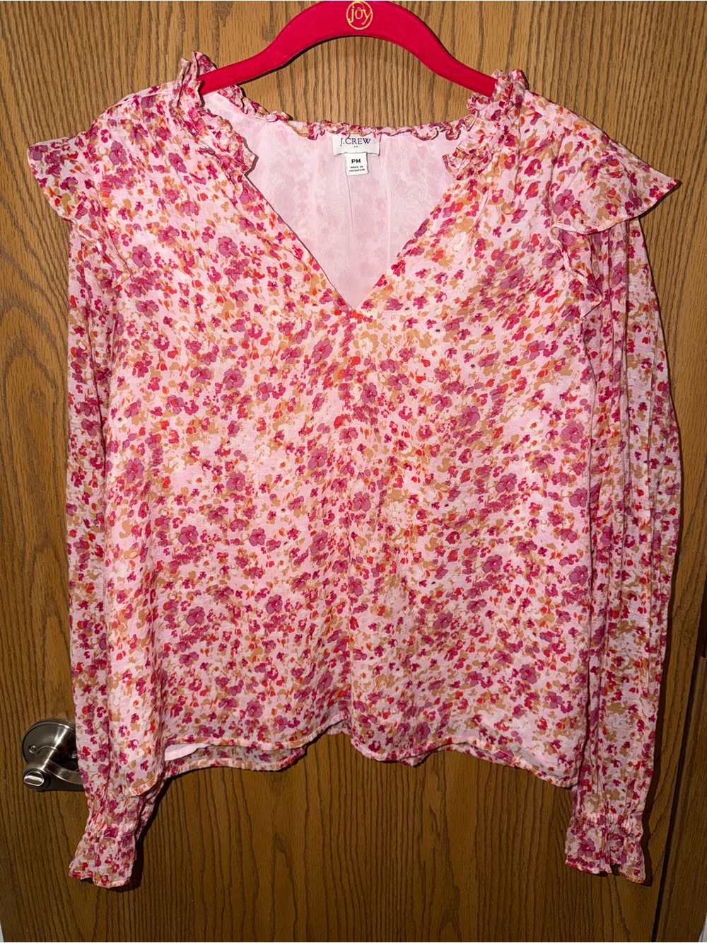J. Crew Pink and Coral Floral Ruffle V-Neck Blouse Size: Petite Medium